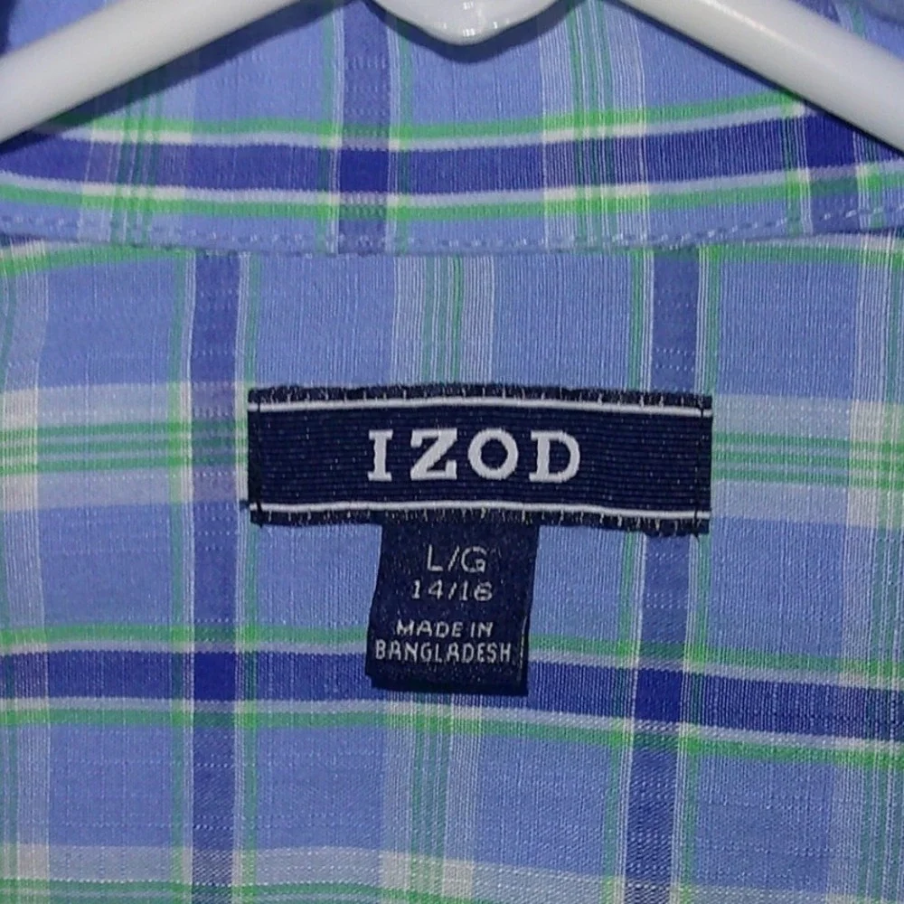 IZOD Boys Plaid Button‎ Down Shirt Long Sleeve Blue Green Size L 14/16